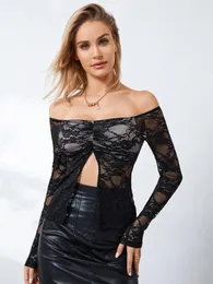 Women's T Shirts Women S Off Shoulder Crop Tops Fairy Grunge Long Sleeve See Through Mesh Slim Fit Lace Shirt Y2K Streetwear