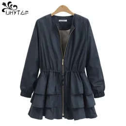 Trench Uhytgf Spring Autumn New Women Clothing Trench Coat For Women Fashion Kjol Löst storlek Slim Ruffle Windbreaker Coat Loose Top 115