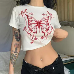 Women's T Shirts Vintage Fairy Grunge Butterfly Print Kort ärm O-Neck Fitted Crop Top Punk Harajuku E-Girl tee American Y2K 90s Women