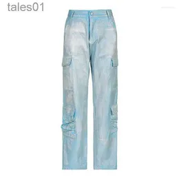 Jeans da donna Jeans rivestiti Gloy Deign Waited Tyle TraighT Tube Plicing Tasche multiple Tendenza industriale pesante Fahionable Denim 240304