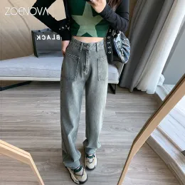 Jeans Zoenova Autumn American Retro New Women's Wide Leg Pants Street Fashion Y2K Nostalgia byxor Hög midja rak lastbyxa