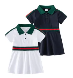 Kızlar Elbiseler 2024Toddlers Giysileri Bebek Kız Mavi ve Beyaz Stripes Gömlek Elbise Yaz Çocuklar Kısa Kollu Pamuk Etek Klasik Yakel İthal