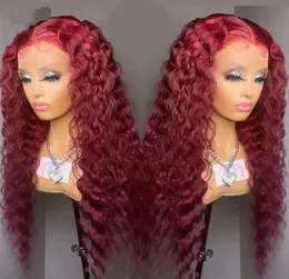 Moda vermelho encaracolado frente do laço brasileiro perucas de cabelo humano onda profunda peruca sintética sem cola pré arrancado cosplay party8705769