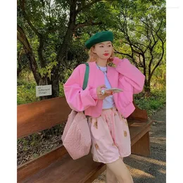 Giacche da donna Giubbotto bomber corto rosa primaverile per donna Cappotto casual morbido a maniche lunghe solido Abbigliamento versatile quotidiano femminile