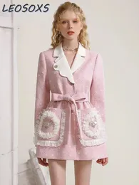 Süße rosa Anzug-Blazer-Jacke für Frauen, Herbst und Winter, Spitzen-Design, Tweed-Taille, schlankmachendes mittellanges Kleid, weiblich 240226