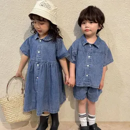 Clothing Sets Deer Jonmi 2024 Summer Children Denim Tops Shorts 2pcs Korean Style Sister Brother Match Clothes Baby Girls Dresses