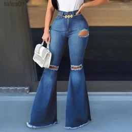 Kvinnors jeans muyogrt midja denim jeans klocka botten flare jeans kvinnliga breda ben hål byxor damer plus size1 240304