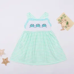 Kläderuppsättningar 2024 Baby Girls 1-8t Dress Green One Piece Crab Brodery Clothes Lace Bodysuit Sweet Kirt Bluey Stripes Outfits Toddler