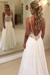 Spitze V-Ausschnitt A-Linie Böhmen Kleider Chiffon Applikation rückenfrei Sweep Zug Sommer Strand Hochzeit Brautkleid Robe De BC0875 pplique