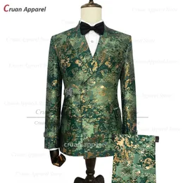 Luxus Jacquard Männer Grün Anzüge Set Mode Party Hochzeit Blumen Druck Blazer Hosen 2 Stück Benutzerdefinierte Sänger Bühne Smoking 240221