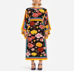 Vintage Flower Print Women Maxi Dress Elegant Long Sleeve Dresses 07K8015290264