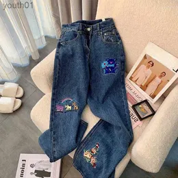 Jeans femininos mulheres jeans japão estilo solto urso bordado mulheres cintura alta vintage denim calças tornozelo comprimento baggy perna larga calças chiques y2k 240304