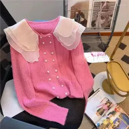 Maglieria da donna in pizzo impiombato collo a bambola cardigan lavorato a maglia maglione con bottoni in perla per l'autunno 2024 maglioni a maniche lunghe dolci