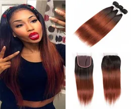 Ombre Colored Two Tone Weave 1B33 Auburn Straight Hair Extensions Bundles with Lace Closure Unprocessed Virgin Human Hair Vendor5228283
