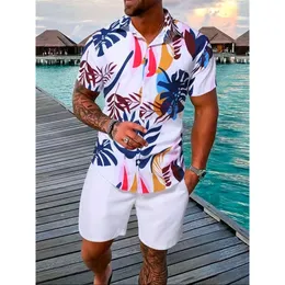 2024 Summer Set Print Lapel Short Sleeve Casual Shirt Beach Shorts Streetwear Vacation Hawaiian Suits Men Cothing