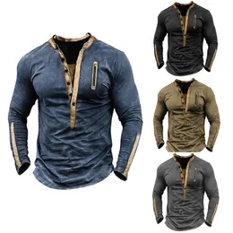 Spring and Autumn Retro Mens Henley Neck Long Sleeve Casual Loose Pullover Spliced Handsome Outdoor Tshirt Tactica Top 240226