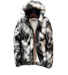 Winter Fashion Fur Coat Men039s Clothing Black and White Printed Long Sleeve Thick Faux Fur Zipper Jacket Hooded Jacket5387929