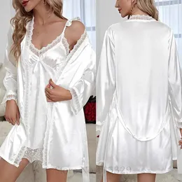 Kvinnors sömnkläder vit brud bröllop mantel sexig spets hemklänning klänning kimono badrock kvinnors sommarnatt 2 st loungewear