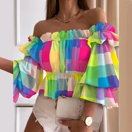 Top multistrato da donna estivo con spalle scoperte Camicetta autunnale a pieghe colorata Moda donna con volant Camicia a maniche lunghe per la spiaggia 240223