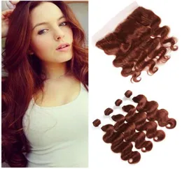 33 Dark Auburn Peruano Cabelo Humano Pacotes Onda Corporal Ondulado com Fechamento Frontal de Renda Cheia 13x4 Cobre Vermelho Cabelo Virgem Tece Trama 9341942