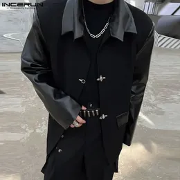 INCERUN Tops Koreanischen Stil Männer Metall Schnalle Spleißen Blazer Mode Männlichen Imitation Leder Lange Ärmeln Anzug Mäntel S5XL 240223