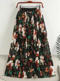 Юбки 2024, плиссированная юбка с цветочным принтом для женщин, весна-лето, винтажная шифоновая трапециевидная юбка миди с высокой талией, длинный пляжный женский
