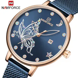 Naviforce relógios femininos marca de luxo reloj borboleta relógio moda quartzo senhoras malha aço inoxidável à prova dwaterproof água presente reloj muje v290f