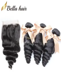 Bella Hair 8A Haarbündel mit Verschluss, brasilianische Haarverlängerung, Schussspitze, Spitze, schwarz, lockere Welle, voller Kopf 5582697