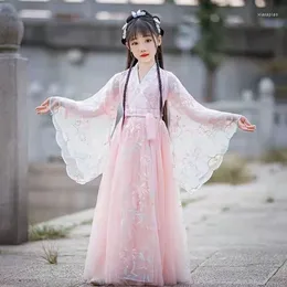 Abbigliamento da palcoscenico Manica in pizzo rosa Estate Bambini Hanfu Vintage Kids Girls Dress Costume tradizionale cinese di danza popolare Costume antico Cosplay