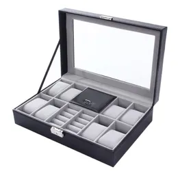 Watch Boxes Mixed Grids Wacth Box Leather Case Storage Organizer Luxury Jewelry Ring Display Black Quality 2 In 1255y