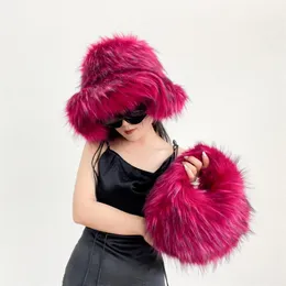 Fashion Party Panama Fur Bucket Hat For Lady Supper Fluffy And Big Furry Cap Luxury Fisherman With Handbag Sets 240301
