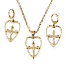 Necklace Earrings Set Fashion Heart Cross Pendant Copper Religion Christian Gift