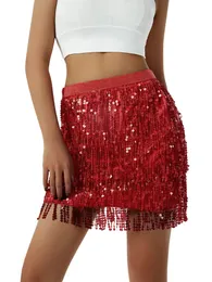 Damen-Minirock mit Pailletten und Fransen, glitzernd, elastische Taille, Minirock für Tanz, Rave-Party, Schwarz/Silber/Gold/Rot 240228