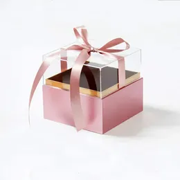 Square Acrylic Gift Box with Ribbon Rose Bouquet Arrangement Surprise Craft DIY Present Souvenir Wrapping Boxes 240223