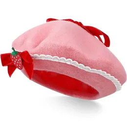 Damen-Baskenmütze, Erdbeer-Schleife, dekorative Mütze, französischer Stil, Wolle, warmes Kleidungszubehör 240229