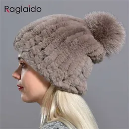 raglaido編集された女性用ポンポム帽子ビーニーソリッドエラスティックレックスラビットファーキャップ冬の頭蓋骨ファッションアクセサリーlq11219 2217h