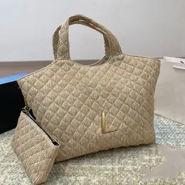 Stroh Raffia Weave Shopping -Oku -Taschen Top Griff Totes Gold Metall -Buchstaben Geldbeutel mit kleiner Brieftasche große Kapazität Outdoor Designer Geldbeutel Fow Womens 37x32 cm