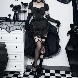 Suits Goth Dark Victorian Gothic Elegant Women Skirt Two Piece Sets Grunge Sexy Puff Sleeve Shirring Blouses Jacquard Lace Trim Skirts