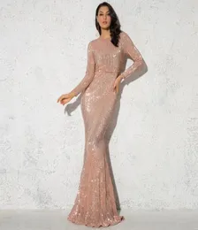 Sıradan Elbiseler Mütevazı Gül Altın Sequin Düğün Elbise Zemin Uzunluğu Tren Uzun Kol O Boyun Stranty Celebrity Balo Balo Balo Gown5562807