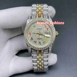 Orologio da polso con diamanti ghiacciati da uomo, quadrante in oro, scala araba, cinturino in diamanti bi-oro, orologio meccanico completamente automatico Watc288c