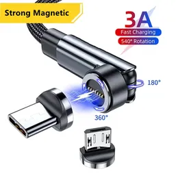 540 تدوير الكبل المغناطيسي 3A شحن سريع كابل Micro USB من نوع C لـ Samsung S24 Xiaomi Huawei Android Magnet Charger Cable Cable Cable