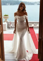 2024 Luxo Sereia Vestidos de Noiva Vestidos de Noiva Overskirts Alças Ilusão Mangas Curtas Lantejoulas Completas Lace Sparkly Plus Size Africano Destacável Trem
