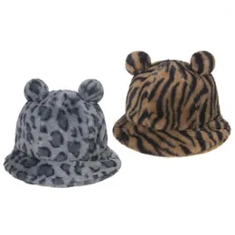 Kvinnor Winter Fuzzy Plush Bucket Hat Ears Leopard Zebra Cow Fisherman Cap1251d