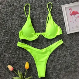 Set Neon Green VBar Underwire Bikini 2023 Kvinnliga baddräkt Kvinnor Badkläder Twopiece V Formtråd Bikini Set Bather Bathing Suit K439
