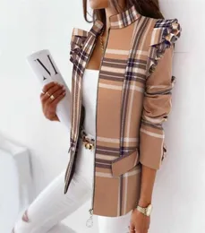 Casual Plaid Zip Blazer Jacket Women Spring Fall Long Sleeve Stand Neck Slim Coats Elegant Leopard Ruffle Office Suit Coat 2111225000597