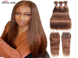 Ishow Ombre Color Hair Weaves Weft Extensions 3 Bundles mit Spitzenverschluss 30 T1B27 T1B99J Körperwelle Echthaar Glatt Braun 23096275