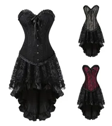 Burlesque-Korsett-Rock-Outfit für Damen, Übergröße S6XL, Jacquard-Spitze, Netz-Overlay, Rüschenbesatz, Vollbrustkorsett mit schwarzem Flock. Hil3723346