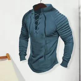 Herr t-skjortor män ruched topp långärmad solid färg vintage stil stativ krage snörning pullover med veckad för casual