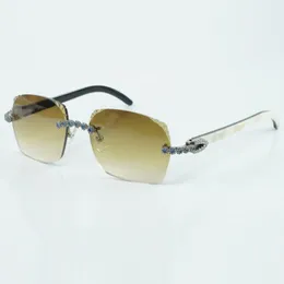 Modisches neues Produkt, Sonnenbrille 3524018 mit blauem Straußdiamanten und Schliff, mit Bügeln aus natürlichem schwarz-weiß gemischtem Büffelhorn und einer Glasstärke von 3,0 mm