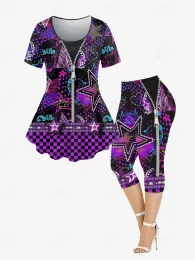 Ternos femininos plus size, pentagrama com zíper 3d, camiseta colorida impressa ou leggings, roupas combinando, camiseta capri, calça lápis